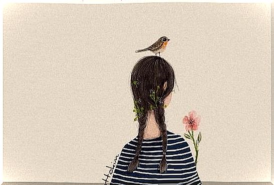 Girl with little bird on her head and flower in her hand.